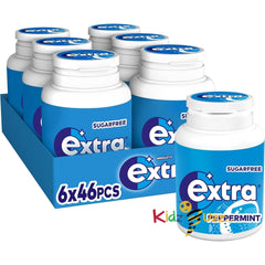 Extra Chewing Gum Bottle, Sugar Free, Peppermint Flavour, 6 Packs of 60 Pieces