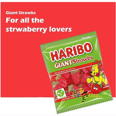 HARIBO Strawberry Flavoured Giant Strawbs – Giant in Size and Flavour, Suitable For Vegetarians, 140g Pack of 12