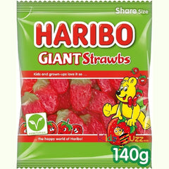 HARIBO Strawberry Flavoured Giant Strawbs – Giant in Size and Flavour, Suitable For Vegetarians, 140g Pack of 12