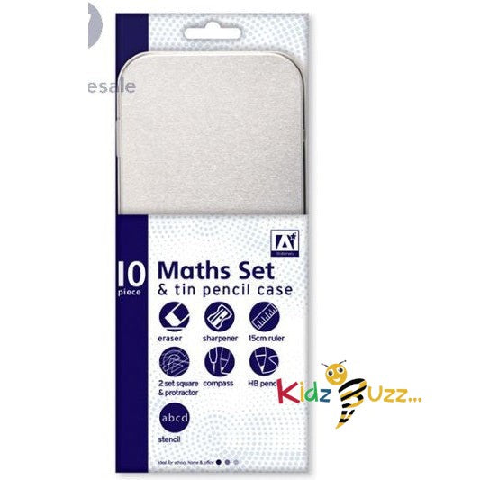 10Pcs Maths Set & Tin Pencil Case (Pack Of 2)