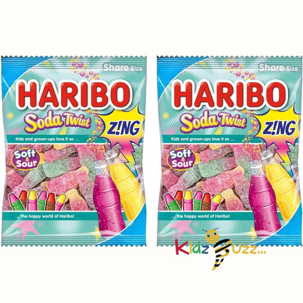 Haribo Soda Twist Zing Bottles Fizzy Gummy Sugar Coated Sweets 175g x 12 Share Bags