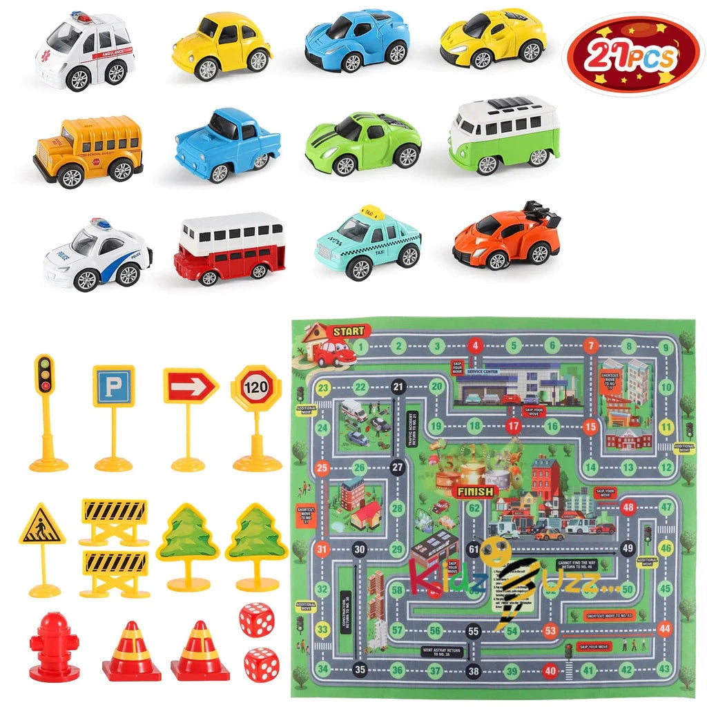 Die Cast Toy Cars Set 27 Pcs Alloy Metal Pull Back Vehicles Set with Play Mat kidzbuzzz