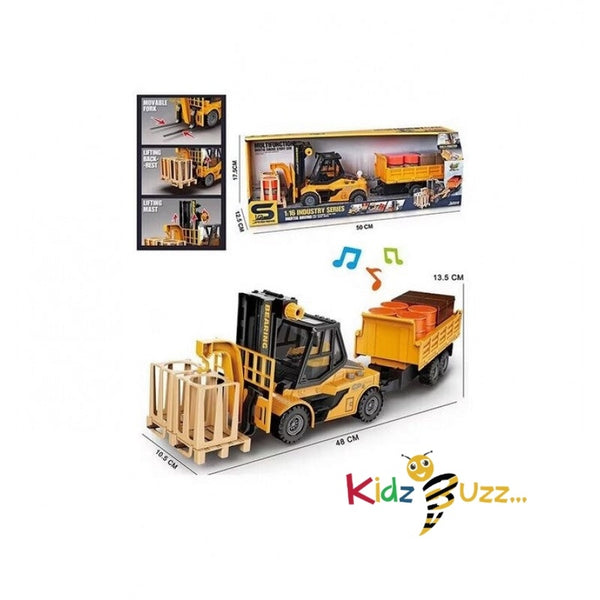 Toy Forklift With Trailer, Sounds, Lights, Lifting Function 48 cm, Yellow Color