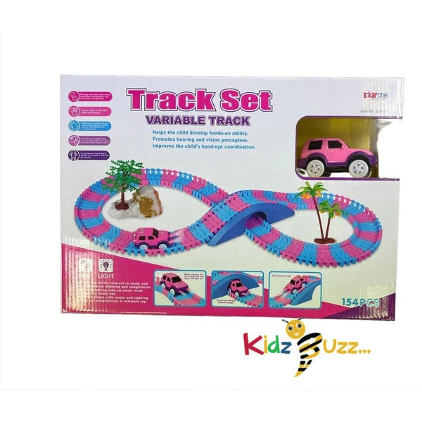 154 Pcs Pink Car Track Set With Lights Toy For Kids