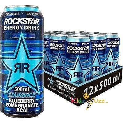Rockstar XDurance Energy Drink, Blueberry Pomegranate and Acai, Non-Alcoholic, 200 mg Caffeine, Caffeinated Drink with Taurine, Guarana, Ginseng, and Vitamins, 12 x 500 ml cans - kidzbuzzz
