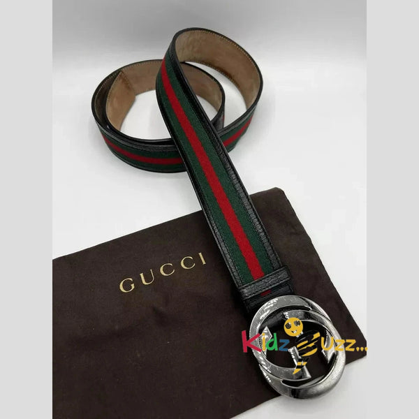 GUCCI Men Interlocking G Silver Buckle, Red/Green Brown Belt