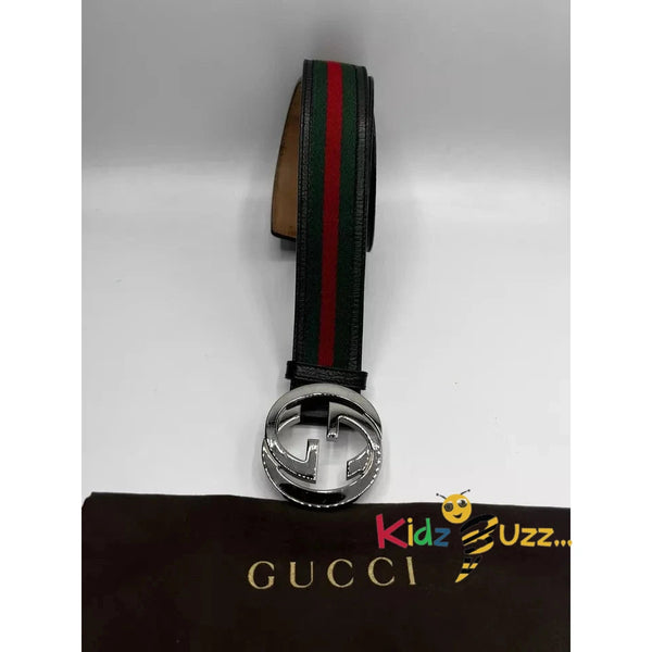 GUCCI Men Interlocking G Silver Buckle, Red/Green Brown Belt